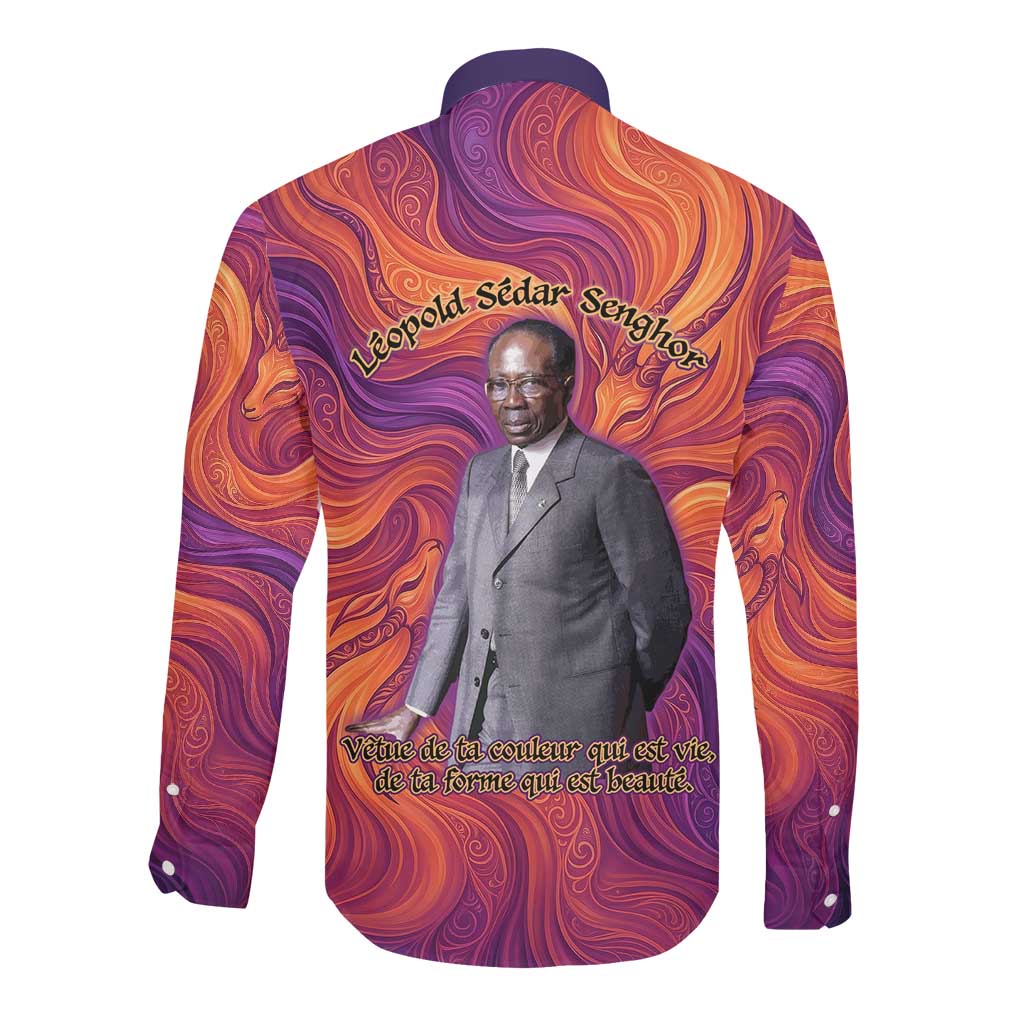 Léopold Sédar Senghor Long Sleeve Button Shirt Femme Noire Silhouette with Africa Map Pattern Vibrant Swirl Background - Wonder Print Shop