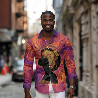 Léopold Sédar Senghor Long Sleeve Button Shirt Femme Noire Silhouette with Africa Map Pattern Vibrant Swirl Background - Wonder Print Shop
