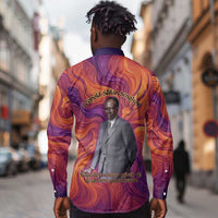 Léopold Sédar Senghor Long Sleeve Button Shirt Femme Noire Silhouette with Africa Map Pattern Vibrant Swirl Background - Wonder Print Shop