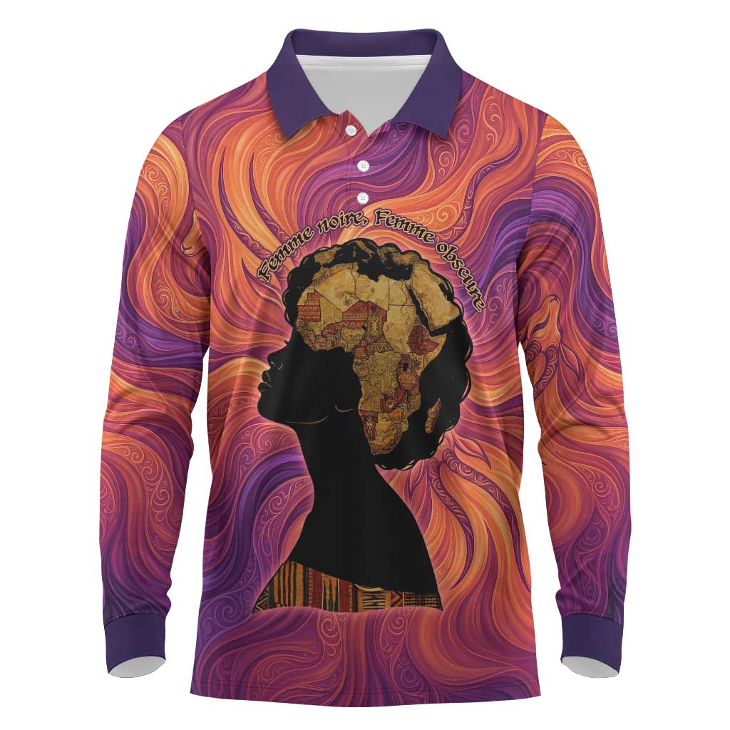 Léopold Sédar Senghor Long Sleeve Polo Shirt Femme Noire Silhouette with Africa Map Pattern Vibrant Swirl Background - Wonder Print Shop