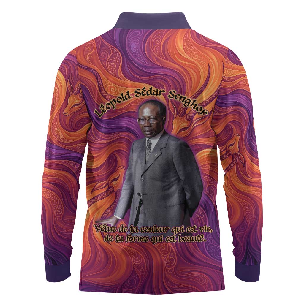 Léopold Sédar Senghor Long Sleeve Polo Shirt Femme Noire Silhouette with Africa Map Pattern Vibrant Swirl Background - Wonder Print Shop