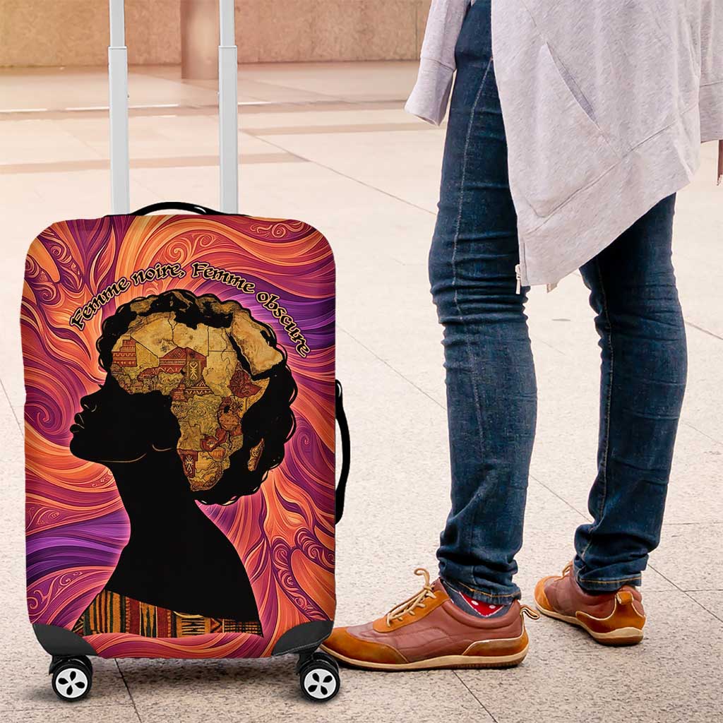 Léopold Sédar Senghor Luggage Cover Femme Noire Silhouette with Africa Map Pattern Vibrant Swirl Background - Wonder Print Shop