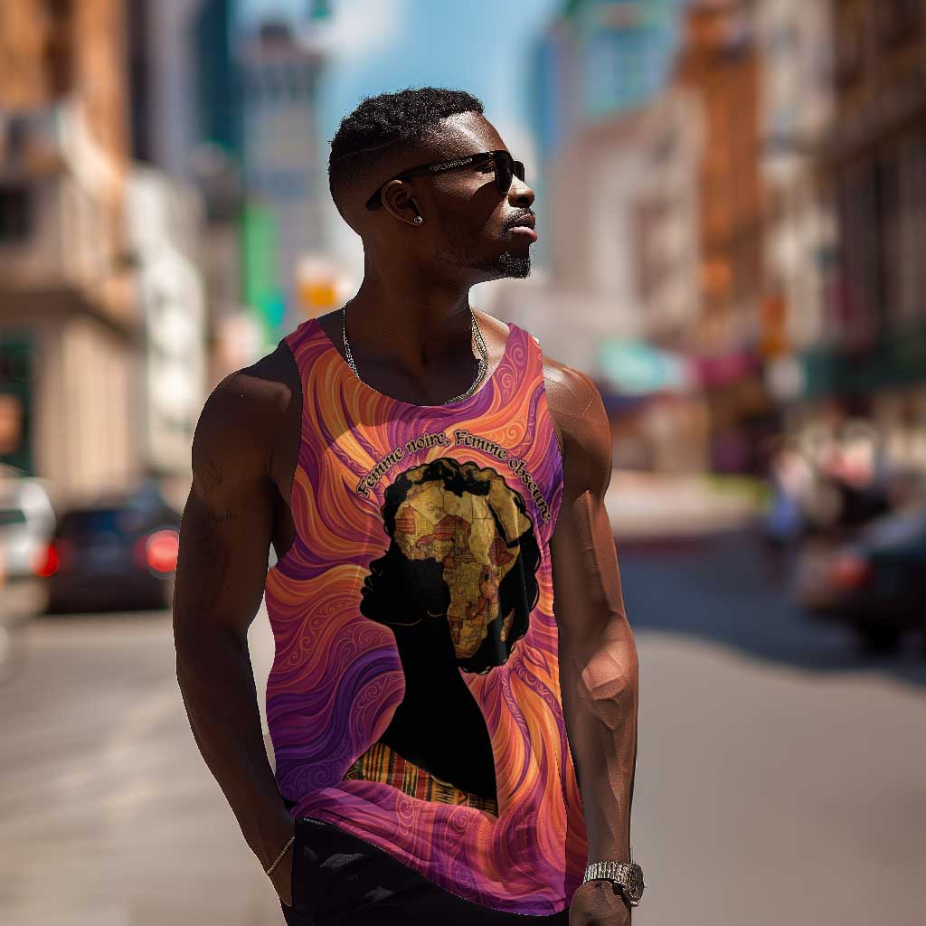 Léopold Sédar Senghor Men Tank Top Femme Noire Silhouette with Africa Map Pattern Vibrant Swirl Background - Wonder Print Shop