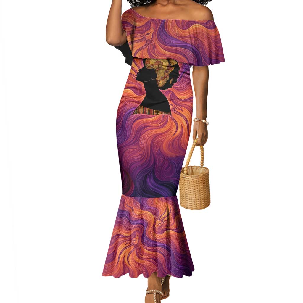 Léopold Sédar Senghor Mermaid Dress Femme Noire Silhouette with Africa Map Pattern Vibrant Swirl Background - Wonder Print Shop