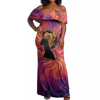 Léopold Sédar Senghor Off Shoulder Maxi Dress Femme Noire Silhouette with Africa Map Pattern Vibrant Swirl Background - Wonder Print Shop