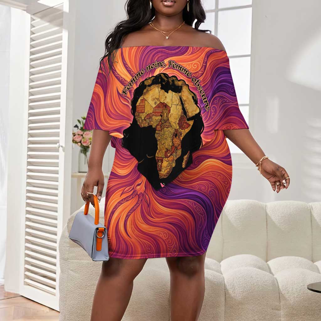 Léopold Sédar Senghor Off Shoulder Short Dress Femme Noire Silhouette with Africa Map Pattern Vibrant Swirl Background - Wonder Print Shop