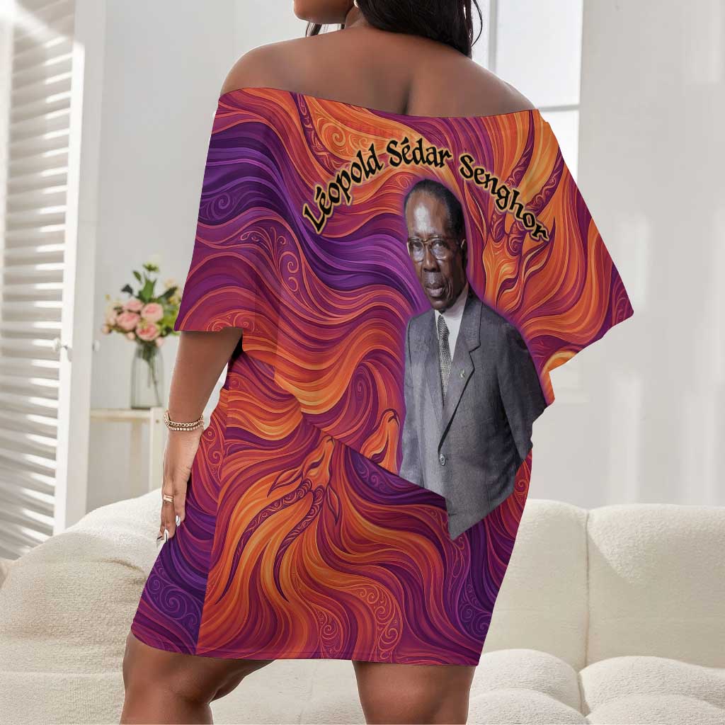 Léopold Sédar Senghor Off Shoulder Short Dress Femme Noire Silhouette with Africa Map Pattern Vibrant Swirl Background - Wonder Print Shop