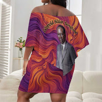 Léopold Sédar Senghor Off Shoulder Short Dress Femme Noire Silhouette with Africa Map Pattern Vibrant Swirl Background - Wonder Print Shop