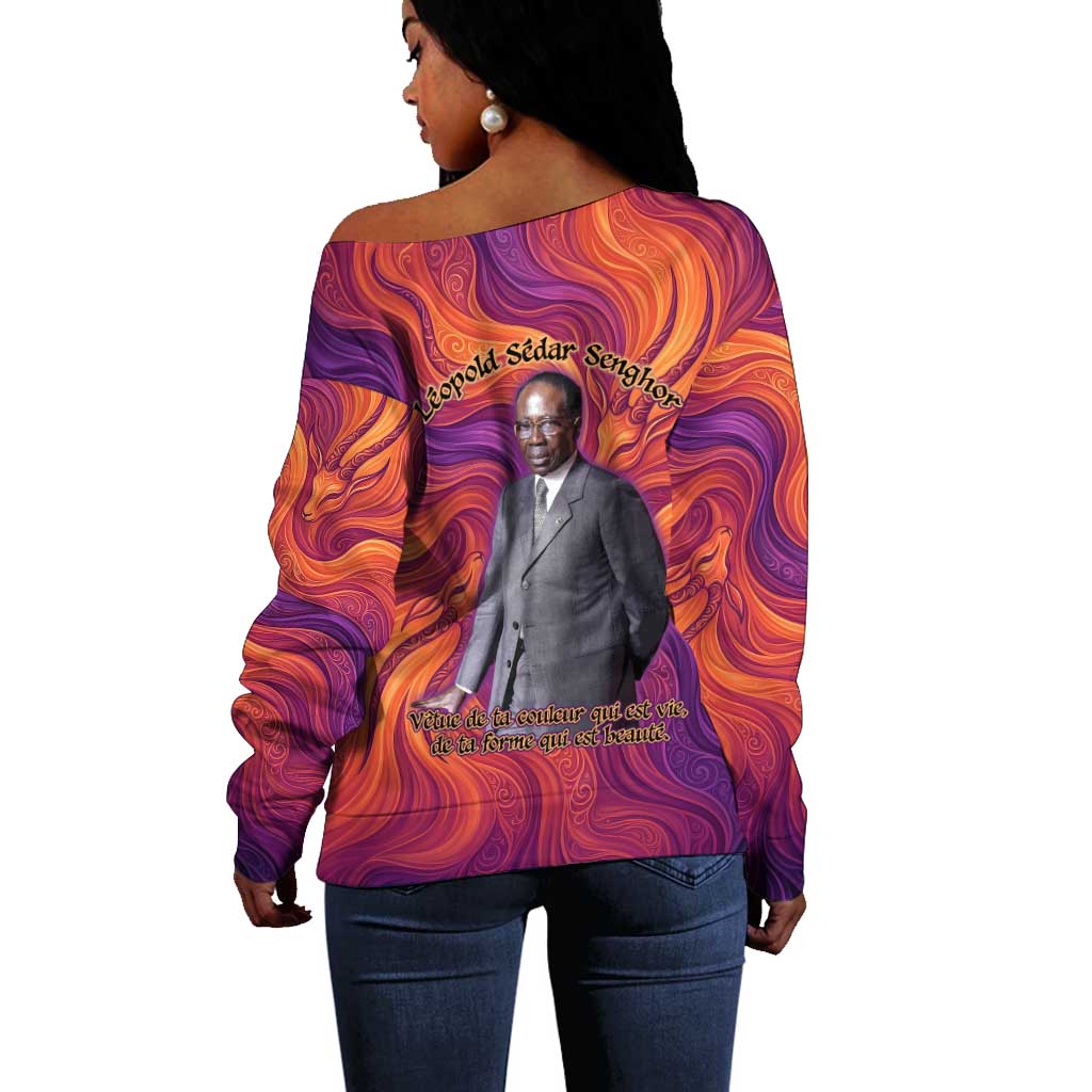 Léopold Sédar Senghor Off Shoulder Sweater Femme Noire Silhouette with Africa Map Pattern Vibrant Swirl Background - Wonder Print Shop