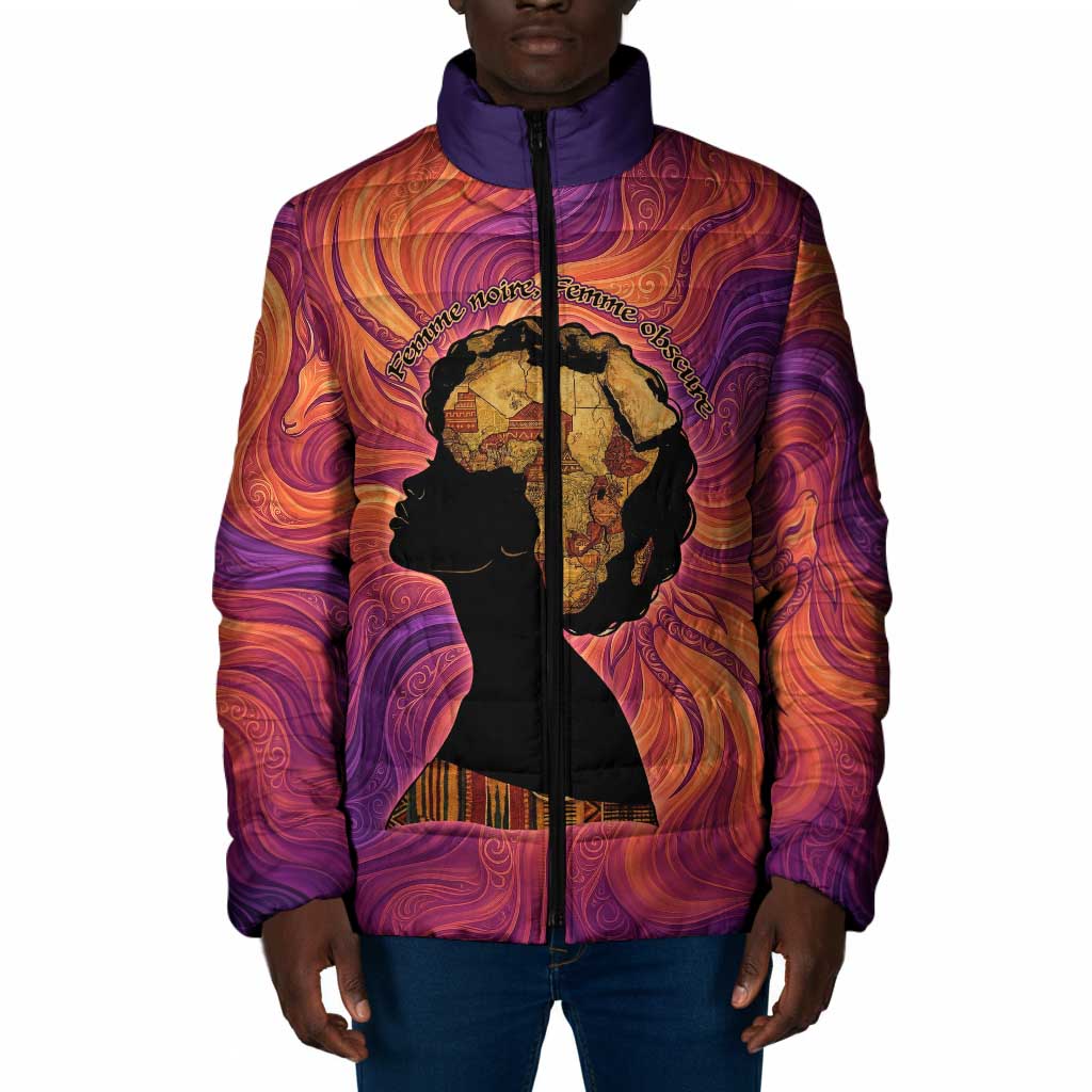 Léopold Sédar Senghor Padded Jacket Femme Noire Silhouette with Africa Map Pattern Vibrant Swirl Background - Wonder Print Shop