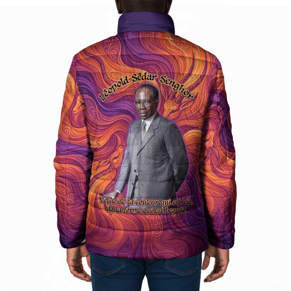 Léopold Sédar Senghor Padded Jacket Femme Noire Silhouette with Africa Map Pattern Vibrant Swirl Background - Wonder Print Shop