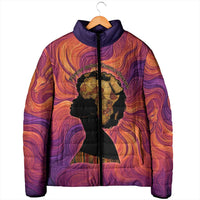 Léopold Sédar Senghor Padded Jacket Femme Noire Silhouette with Africa Map Pattern Vibrant Swirl Background - Wonder Print Shop