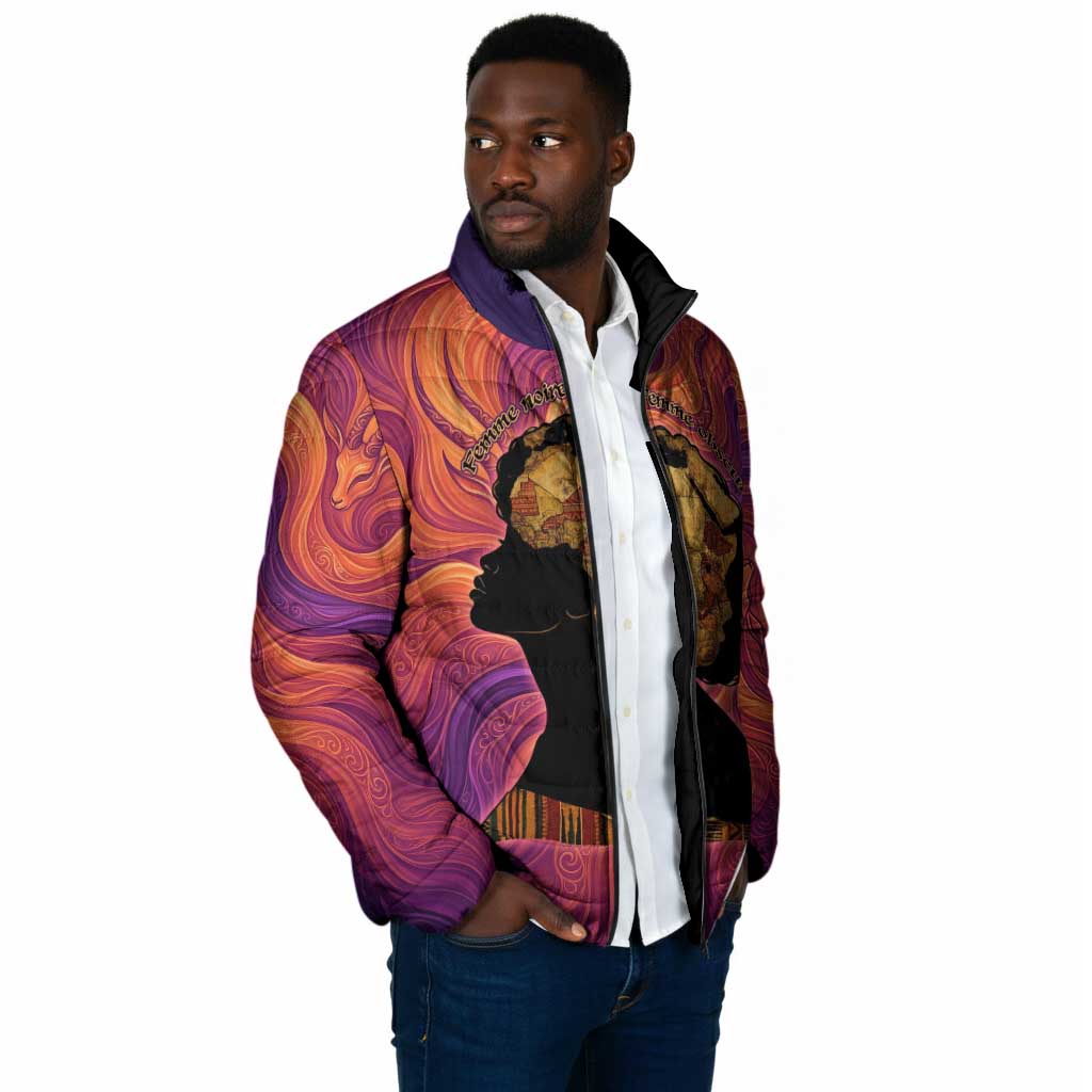 Léopold Sédar Senghor Padded Jacket Femme Noire Silhouette with Africa Map Pattern Vibrant Swirl Background - Wonder Print Shop