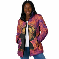 Léopold Sédar Senghor Padded Jacket Femme Noire Silhouette with Africa Map Pattern Vibrant Swirl Background - Wonder Print Shop