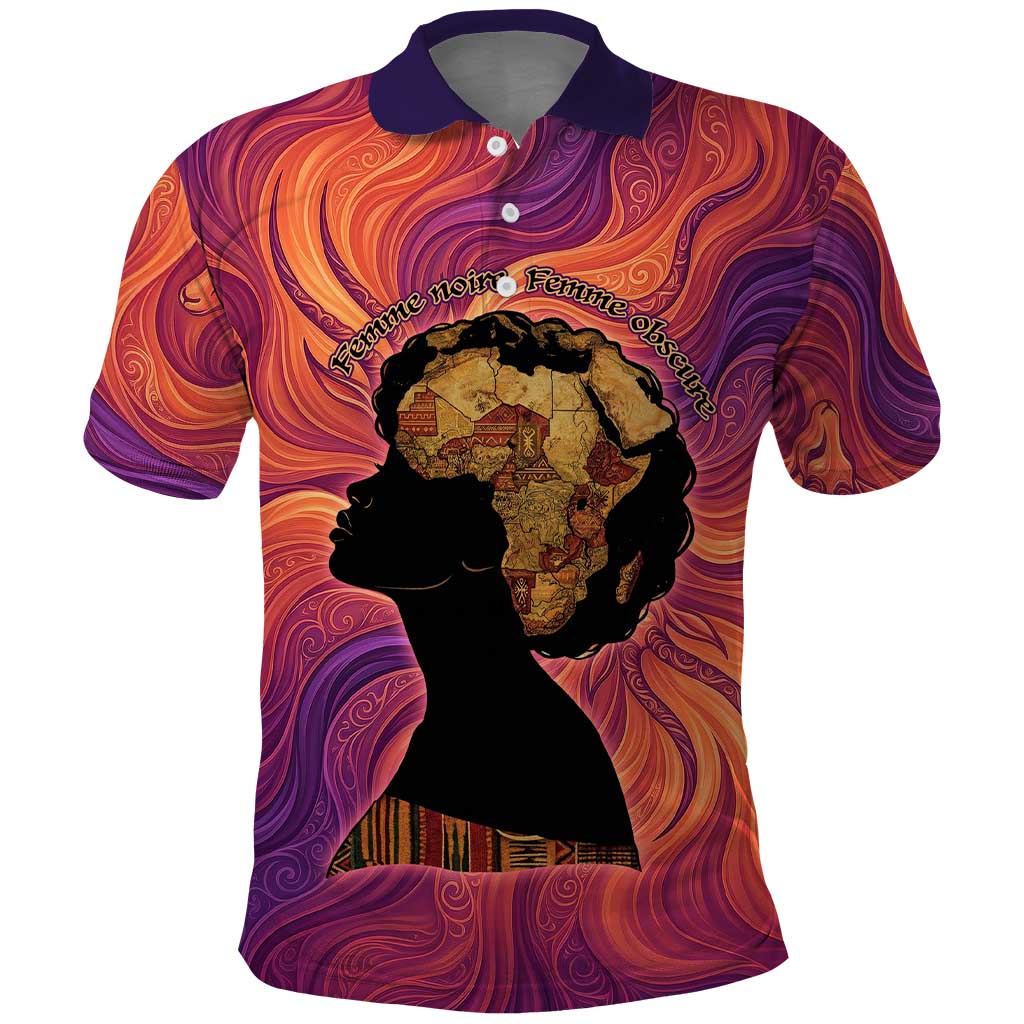 Léopold Sédar Senghor Polo Shirt Femme Noire Silhouette with Africa Map Pattern Vibrant Swirl Background - Wonder Print Shop
