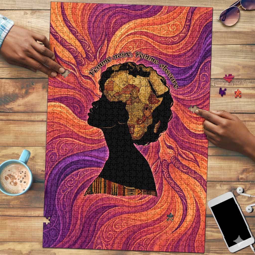Léopold Sédar Senghor Puzzle Femme Noire Silhouette with Africa Map Pattern Vibrant Swirl Background - Wonder Print Shop