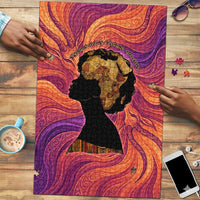 Léopold Sédar Senghor Puzzle Femme Noire Silhouette with Africa Map Pattern Vibrant Swirl Background - Wonder Print Shop
