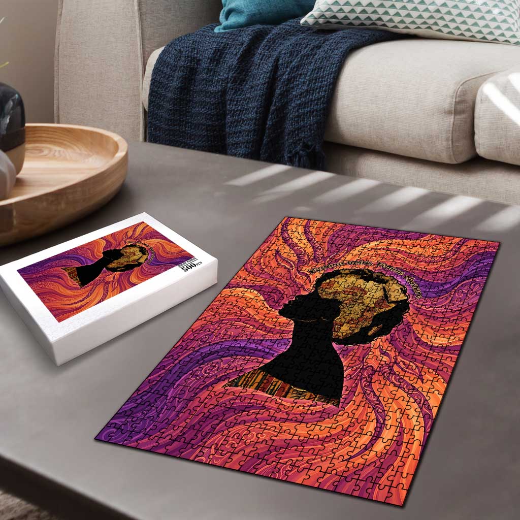 Léopold Sédar Senghor Puzzle Femme Noire Silhouette with Africa Map Pattern Vibrant Swirl Background - Wonder Print Shop