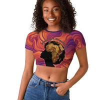 Léopold Sédar Senghor Raglan Cropped T shirt Femme Noire Silhouette with Africa Map Pattern Vibrant Swirl Background - Wonder Print Shop