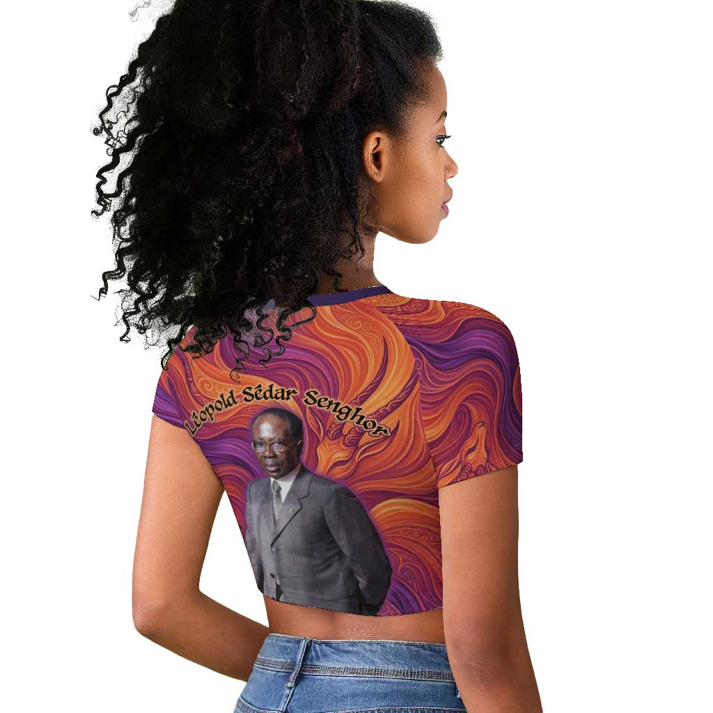Léopold Sédar Senghor Raglan Cropped T shirt Femme Noire Silhouette with Africa Map Pattern Vibrant Swirl Background - Wonder Print Shop