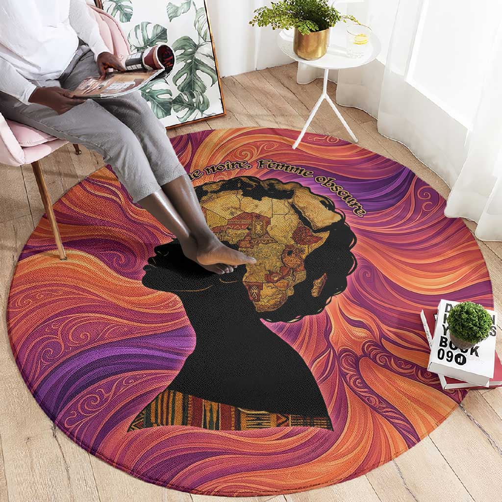 Léopold Sédar Senghor Round Carpet Femme Noire Silhouette with Africa Map Pattern Vibrant Swirl Background - Wonder Print Shop