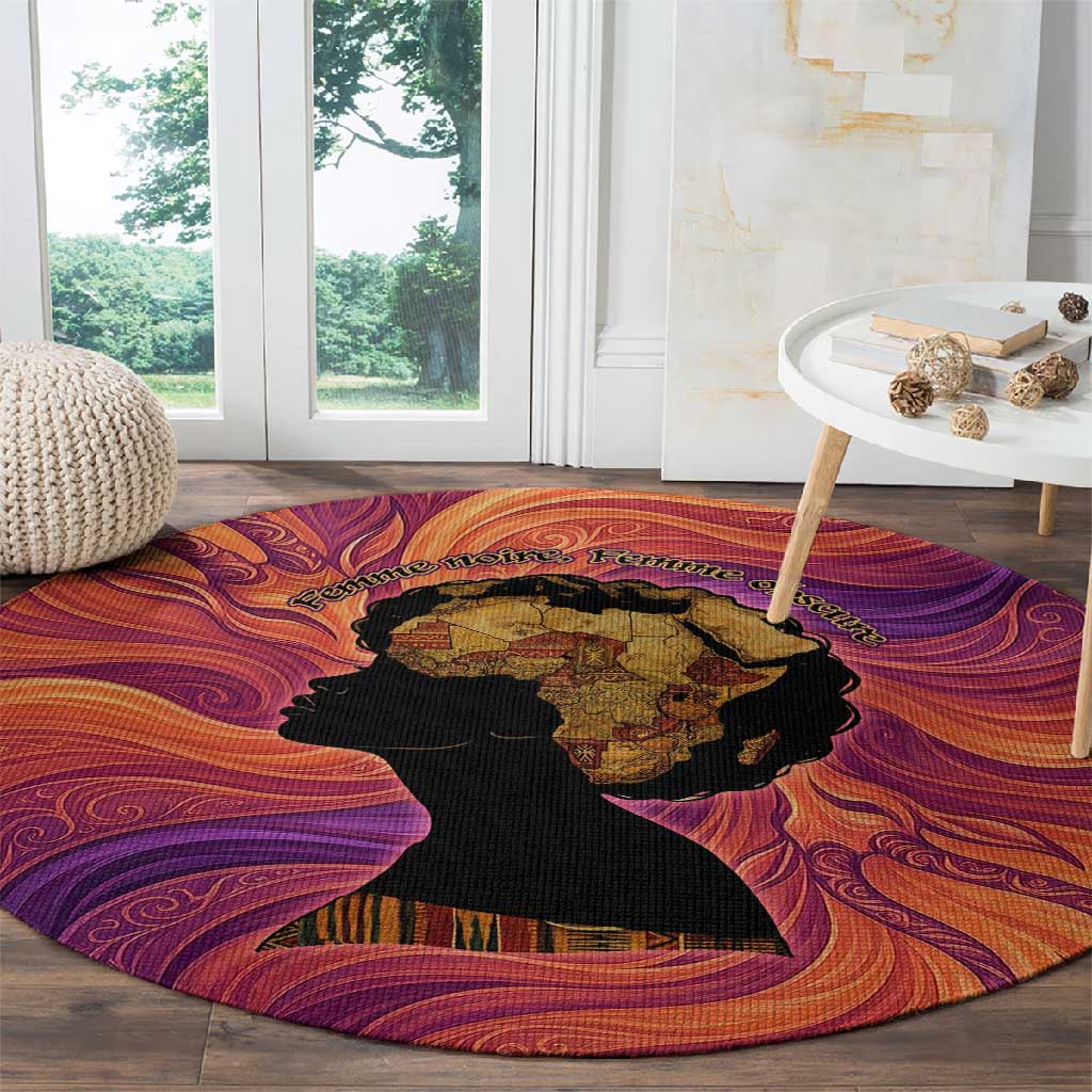 Léopold Sédar Senghor Round Carpet Femme Noire Silhouette with Africa Map Pattern Vibrant Swirl Background - Wonder Print Shop