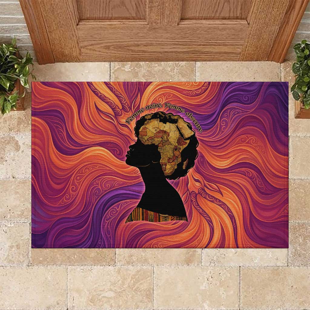 Léopold Sédar Senghor Rubber Doormat Femme Noire Silhouette with Africa Map Pattern Vibrant Swirl Background - Wonder Print Shop
