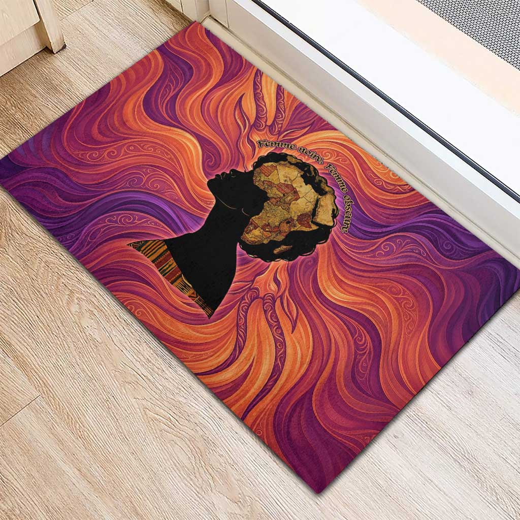 Léopold Sédar Senghor Rubber Doormat Femme Noire Silhouette with Africa Map Pattern Vibrant Swirl Background - Wonder Print Shop
