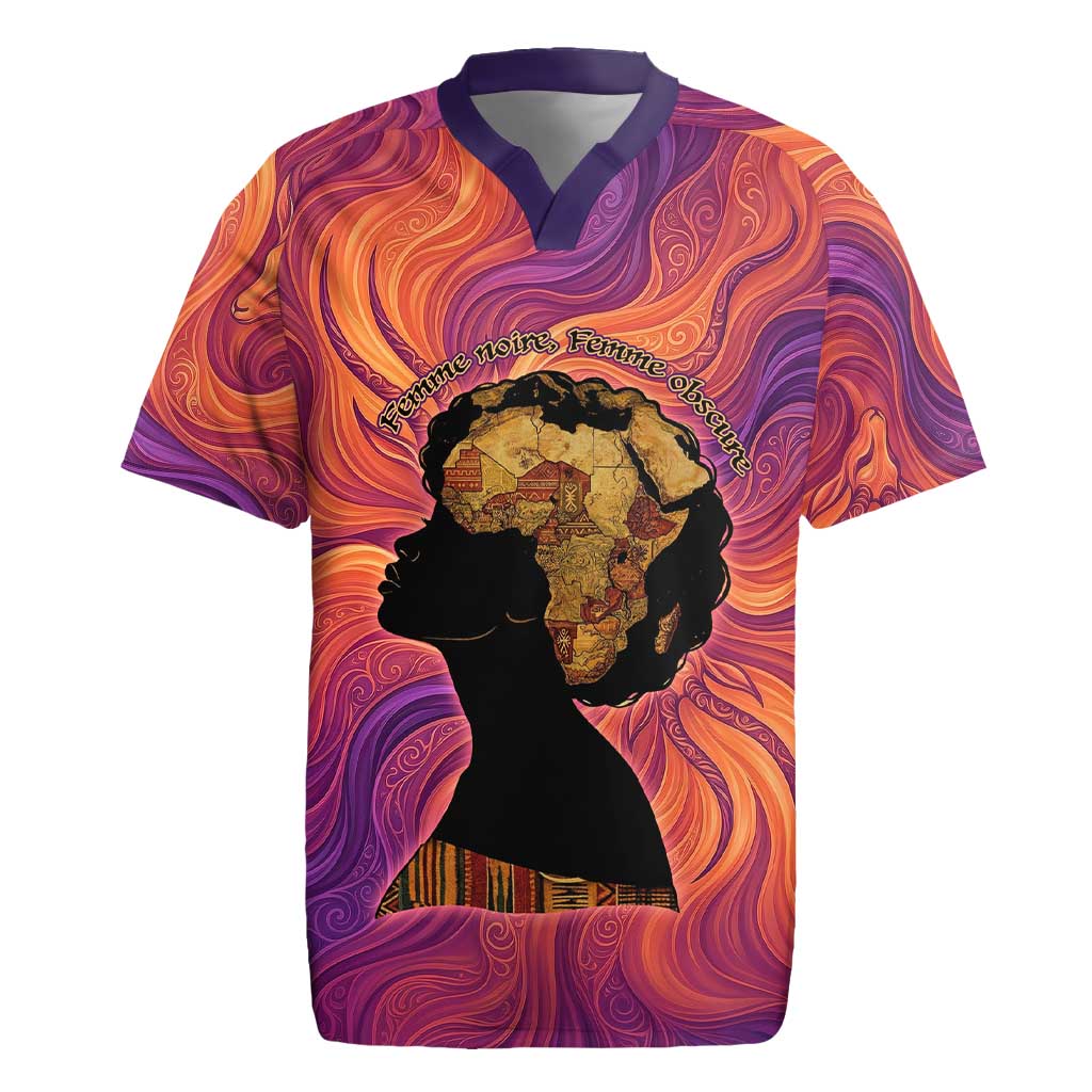 Léopold Sédar Senghor Rugby Jersey Femme Noire Silhouette with Africa Map Pattern Vibrant Swirl Background - Wonder Print Shop