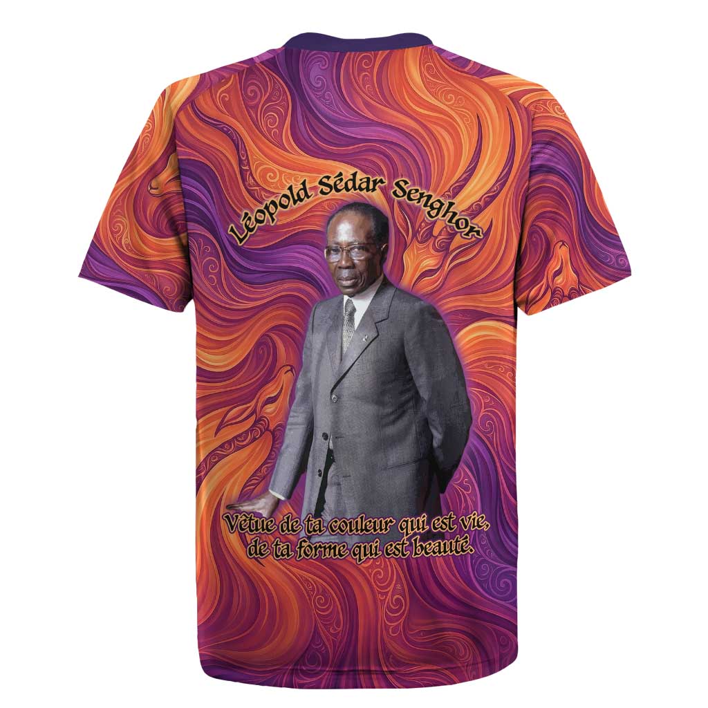 Léopold Sédar Senghor Rugby Jersey Femme Noire Silhouette with Africa Map Pattern Vibrant Swirl Background - Wonder Print Shop