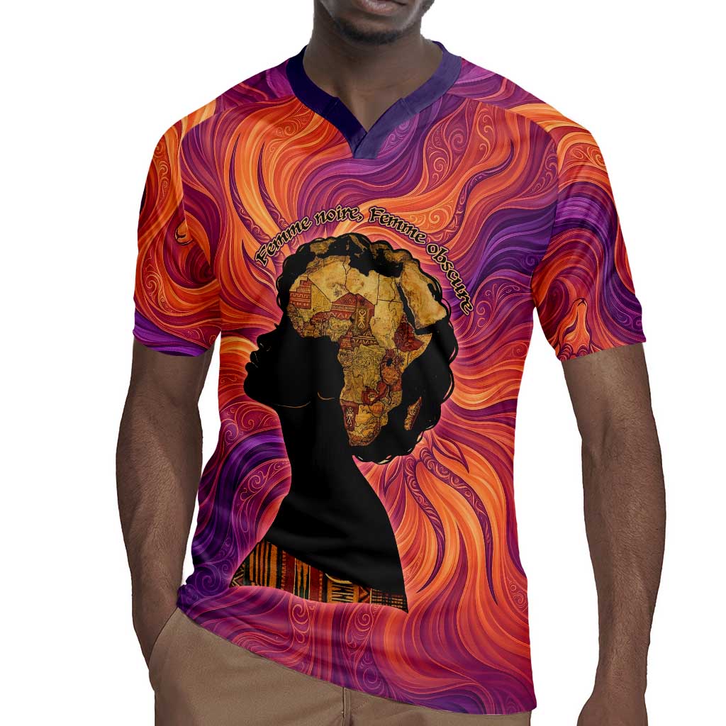Léopold Sédar Senghor Rugby Jersey Femme Noire Silhouette with Africa Map Pattern Vibrant Swirl Background - Wonder Print Shop