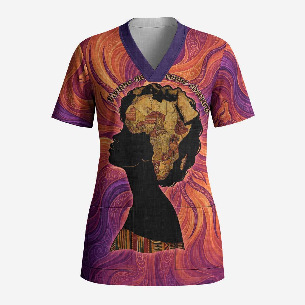 Léopold Sédar Senghor Scrub Top Femme Noire Silhouette with Africa Map Pattern Vibrant Swirl Background - Wonder Print Shop