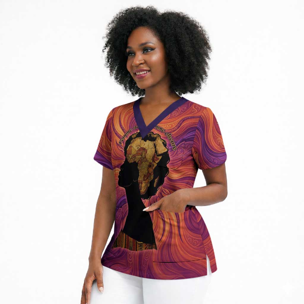 Léopold Sédar Senghor Scrub Top Femme Noire Silhouette with Africa Map Pattern Vibrant Swirl Background - Wonder Print Shop