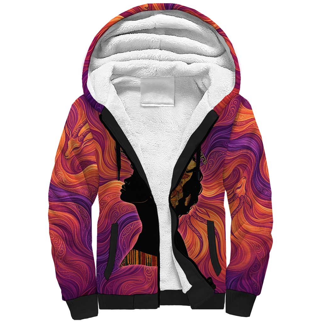 Léopold Sédar Senghor Sherpa Hoodie Femme Noire Silhouette with Africa Map Pattern Vibrant Swirl Background - Wonder Print Shop