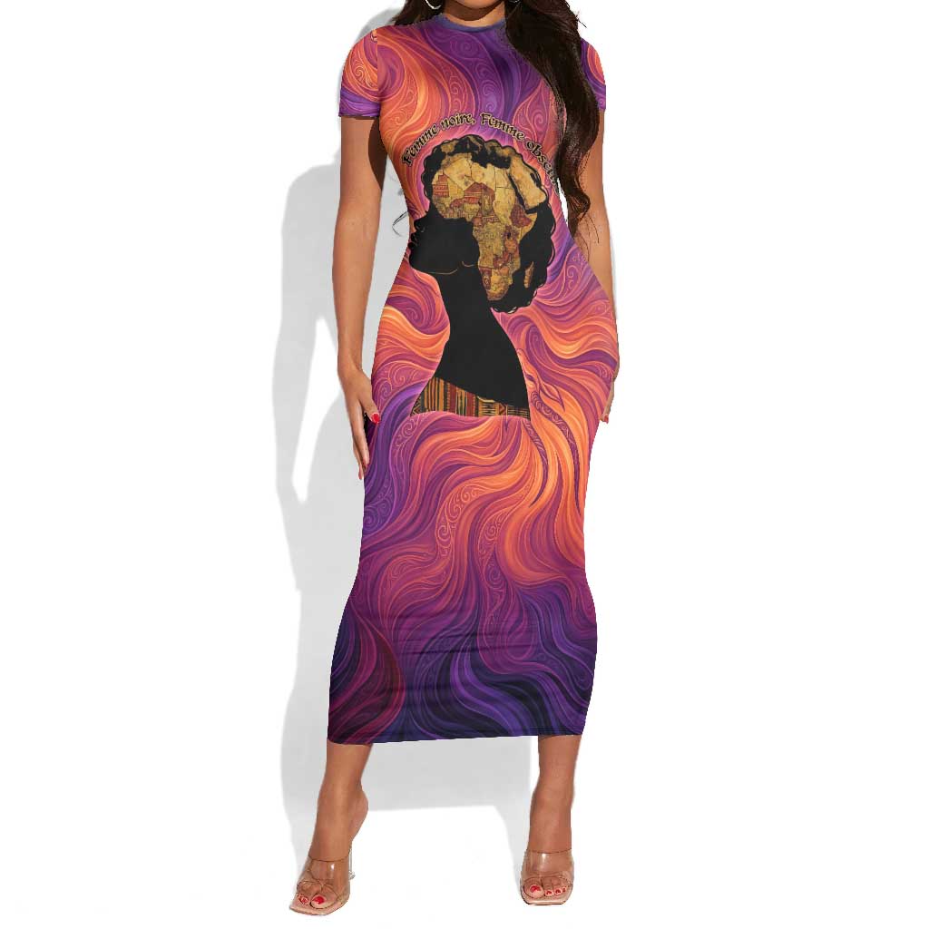 Léopold Sédar Senghor Short Sleeve Bodycon Dress Femme Noire Silhouette with Africa Map Pattern Vibrant Swirl Background - Wonder Print Shop