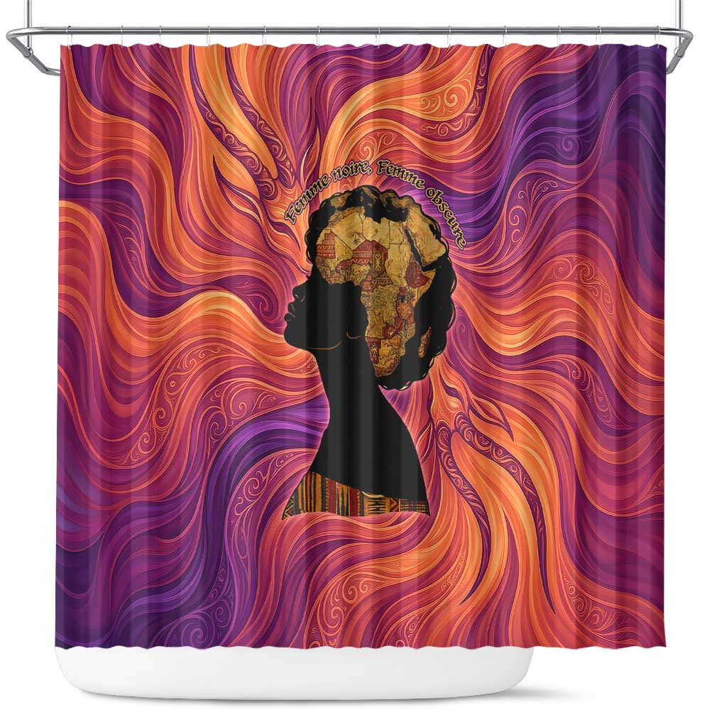 Léopold Sédar Senghor Shower Curtain Femme Noire Silhouette with Africa Map Pattern Vibrant Swirl Background - Wonder Print Shop