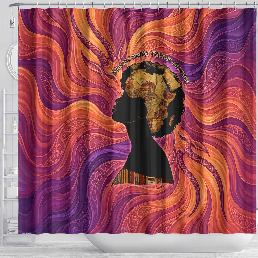 Léopold Sédar Senghor Shower Curtain Femme Noire Silhouette with Africa Map Pattern Vibrant Swirl Background - Wonder Print Shop