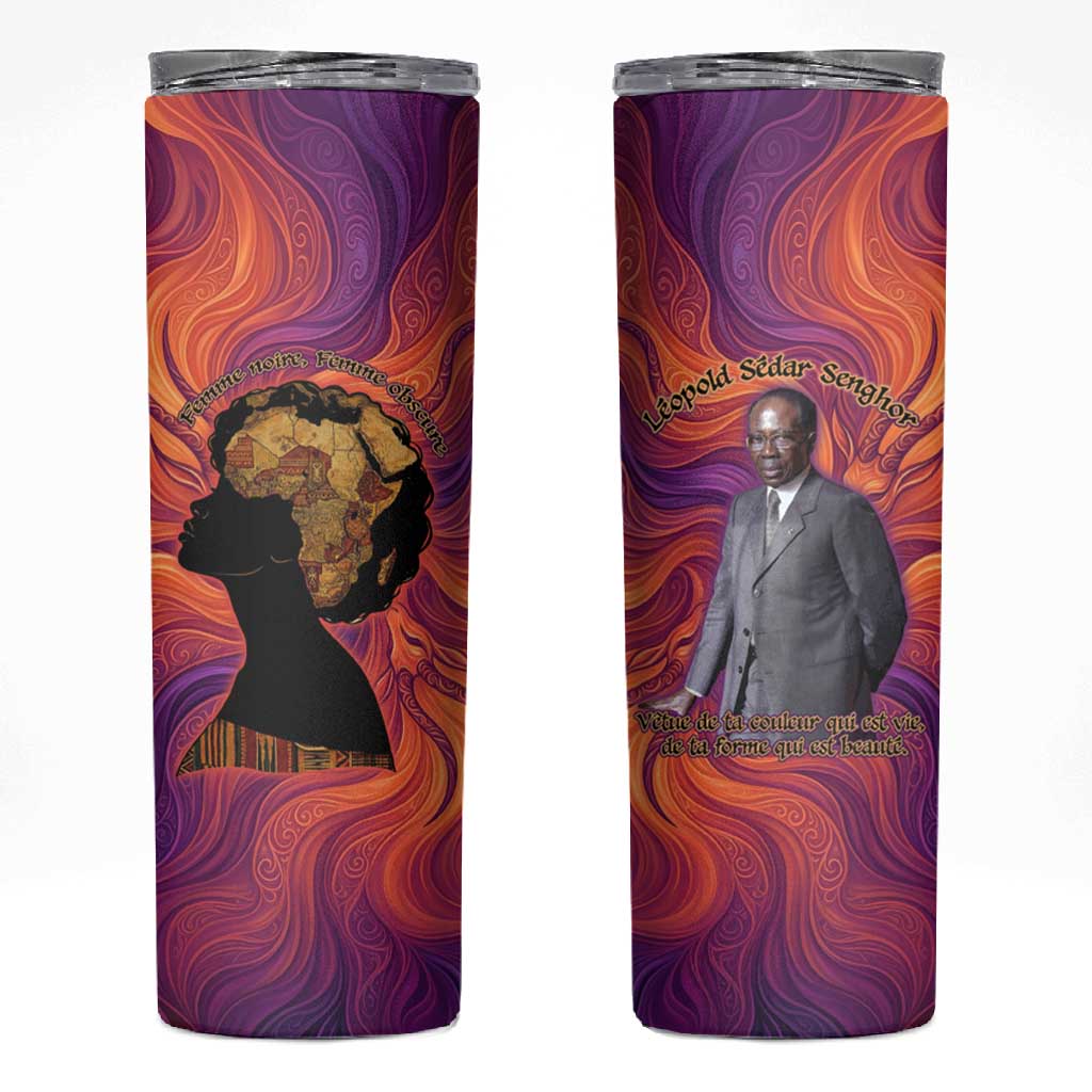 Léopold Sédar Senghor Skinny Tumbler Femme Noire Silhouette with Africa Map Pattern Vibrant Swirl Background - Wonder Print Shop
