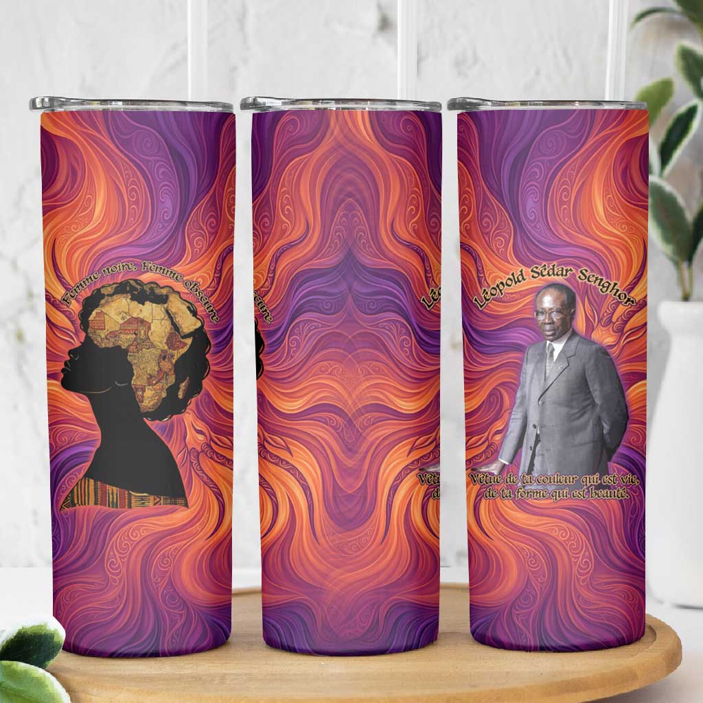 Léopold Sédar Senghor Skinny Tumbler Femme Noire Silhouette with Africa Map Pattern Vibrant Swirl Background - Wonder Print Shop