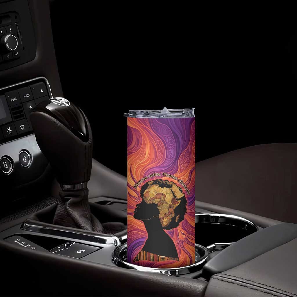 Léopold Sédar Senghor Skinny Tumbler Femme Noire Silhouette with Africa Map Pattern Vibrant Swirl Background - Wonder Print Shop