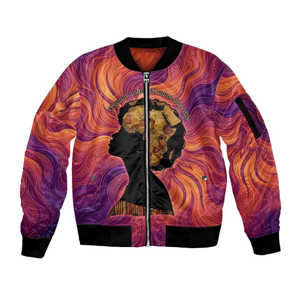 Léopold Sédar Senghor Sleeve Zip Bomber Jacket Femme Noire Silhouette with Africa Map Pattern Vibrant Swirl Background - Wonder Print Shop