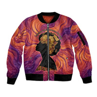 Léopold Sédar Senghor Sleeve Zip Bomber Jacket Femme Noire Silhouette with Africa Map Pattern Vibrant Swirl Background - Wonder Print Shop
