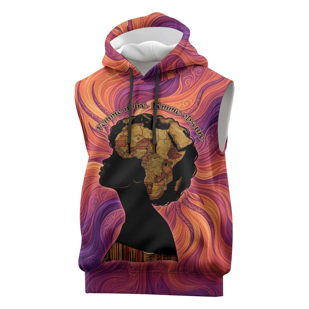 Léopold Sédar Senghor Sleeveless Hoodie Femme Noire Silhouette with Africa Map Pattern Vibrant Swirl Background - Wonder Print Shop