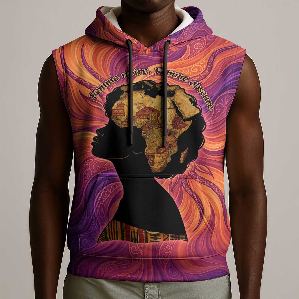 Léopold Sédar Senghor Sleeveless Hoodie Femme Noire Silhouette with Africa Map Pattern Vibrant Swirl Background - Wonder Print Shop