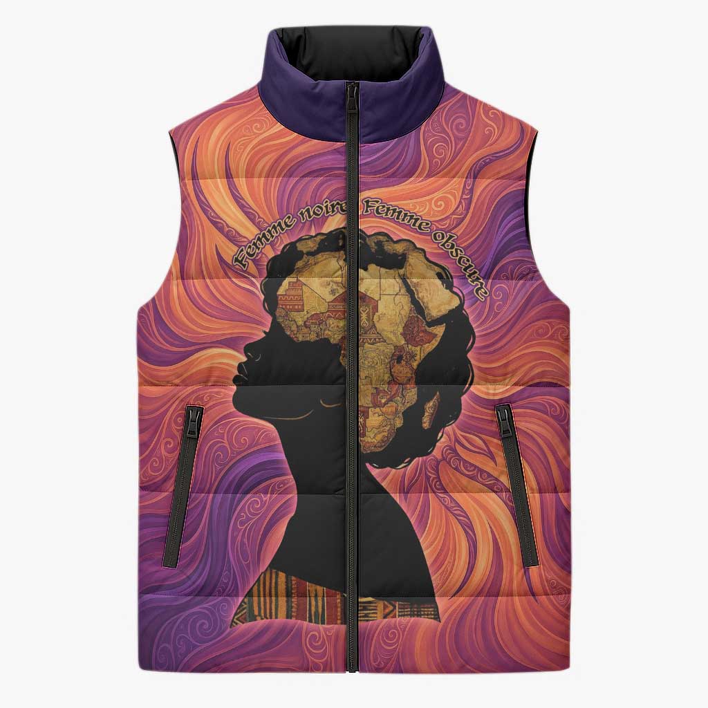 Léopold Sédar Senghor Sleeveless Puffer Jacket Femme Noire Silhouette with Africa Map Pattern Vibrant Swirl Background - Wonder Print Shop