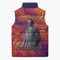 Léopold Sédar Senghor Sleeveless Puffer Jacket Femme Noire Silhouette with Africa Map Pattern Vibrant Swirl Background - Wonder Print Shop