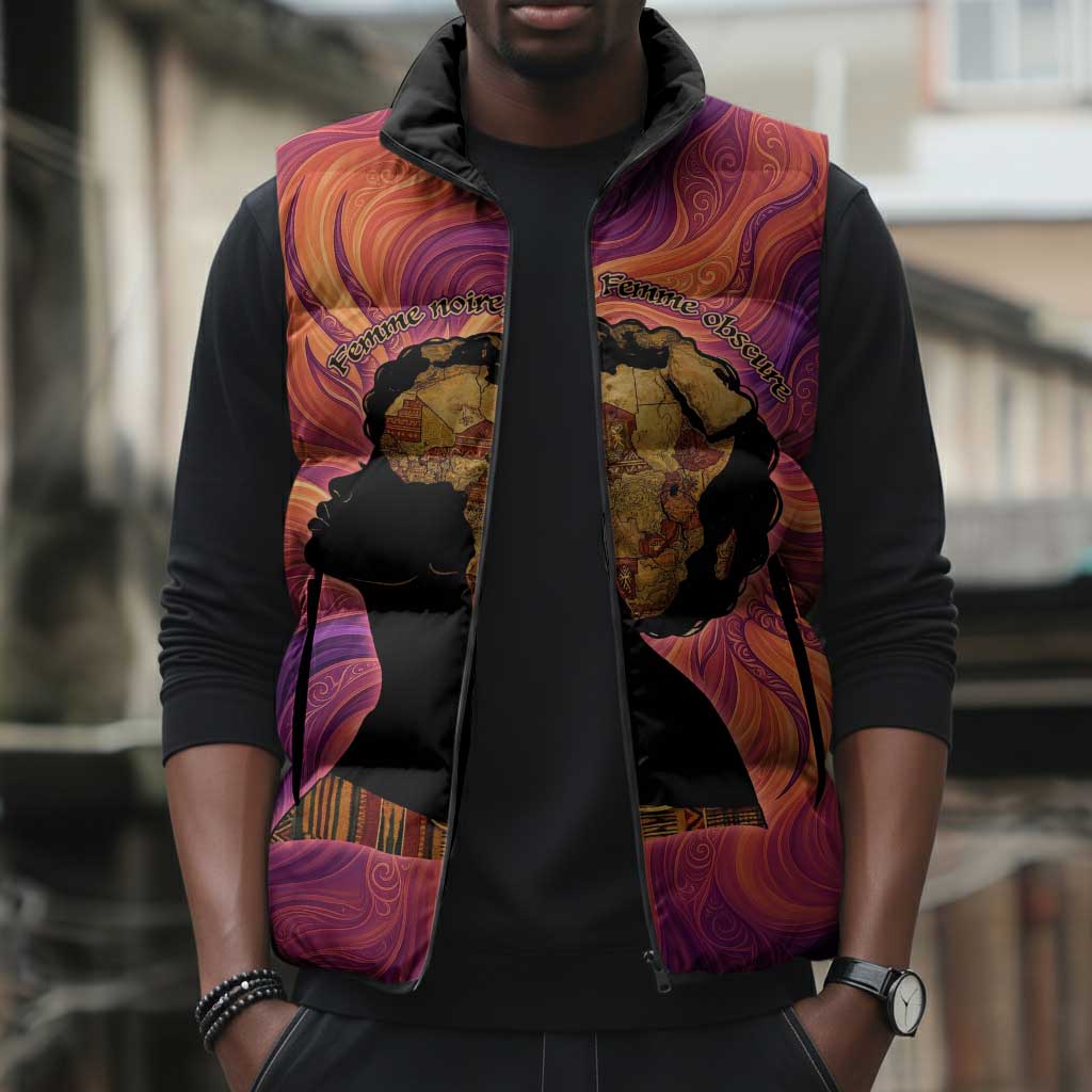 Léopold Sédar Senghor Sleeveless Puffer Jacket Femme Noire Silhouette with Africa Map Pattern Vibrant Swirl Background - Wonder Print Shop