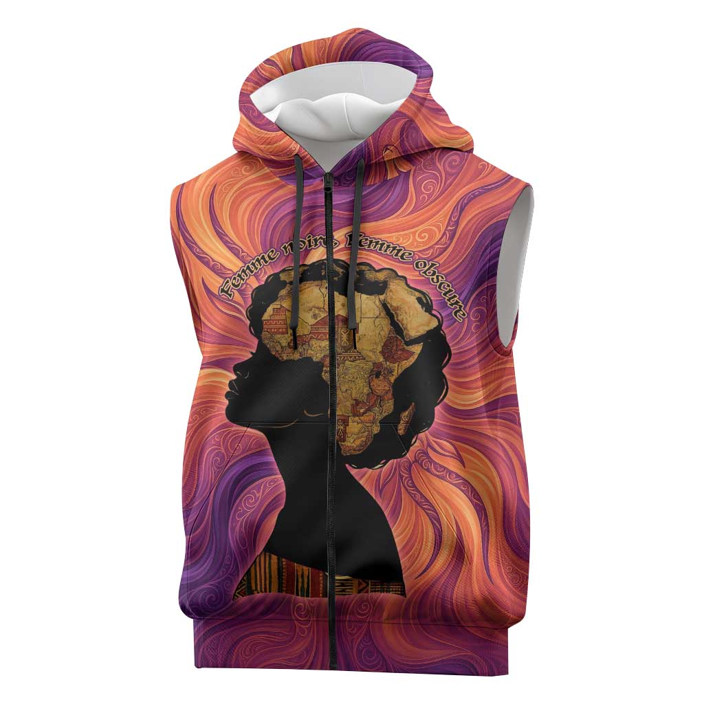 Léopold Sédar Senghor Sleeveless Zip Hoodie Femme Noire Silhouette with Africa Map Pattern Vibrant Swirl Background - Wonder Print Shop