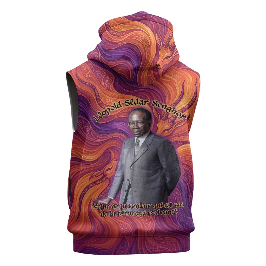 Léopold Sédar Senghor Sleeveless Zip Hoodie Femme Noire Silhouette with Africa Map Pattern Vibrant Swirl Background - Wonder Print Shop