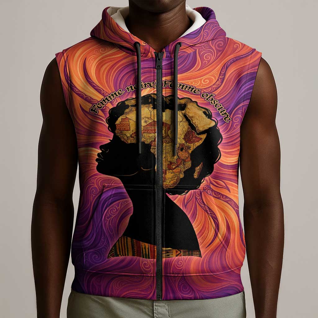 Léopold Sédar Senghor Sleeveless Zip Hoodie Femme Noire Silhouette with Africa Map Pattern Vibrant Swirl Background - Wonder Print Shop